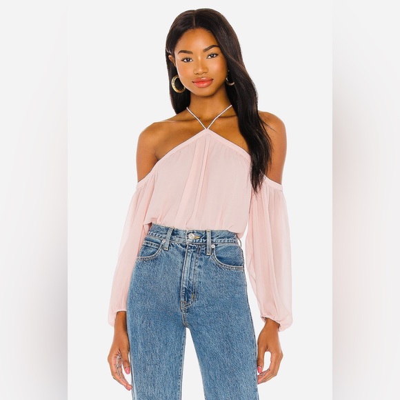 NWT 1. State Revolve Off the Shoulder Sheer Crepe Chiffon Top Pink Taffeta Small - Picture 2 of 16